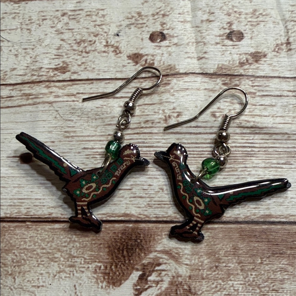 Bird-Shaped Earrings with Green and Brown Accents